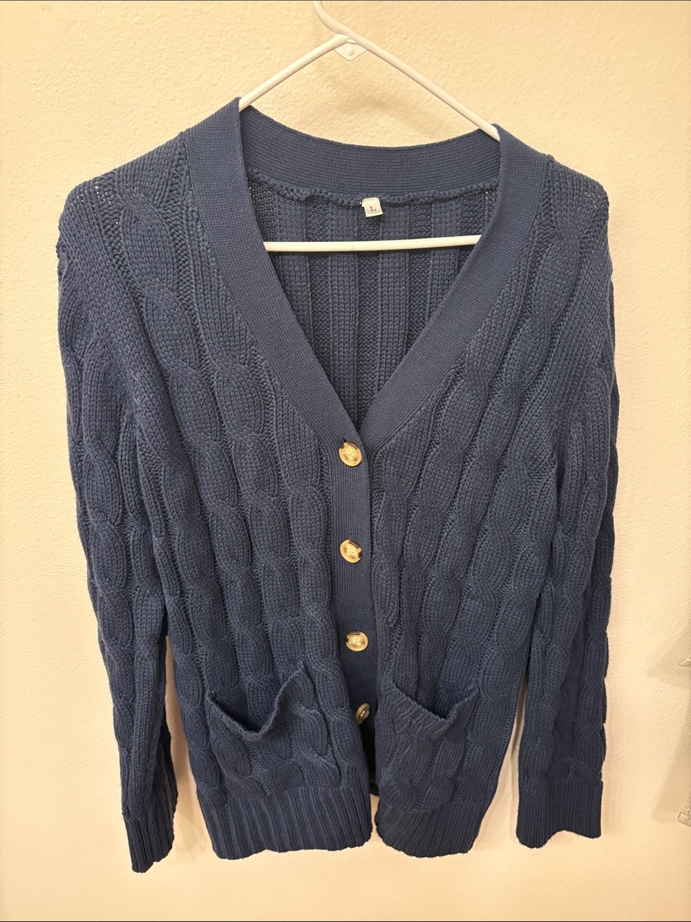 Women's Navy Cable-Knit Button Cardigan with Pockets
